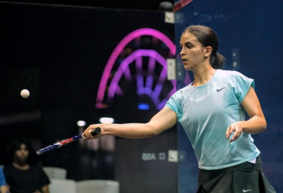 Menna Hamed in action during her first round match at the CIB Zed Squash Open in Cairo