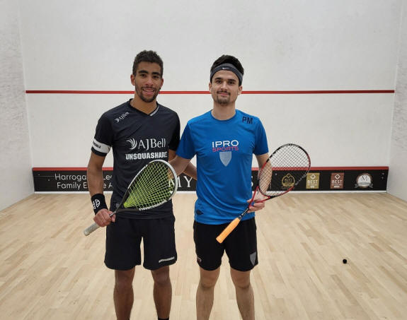 Lwamba Chileshe and Perry Malik pose for a photo prior to their semi-final clash at the Harrogate Squash Open