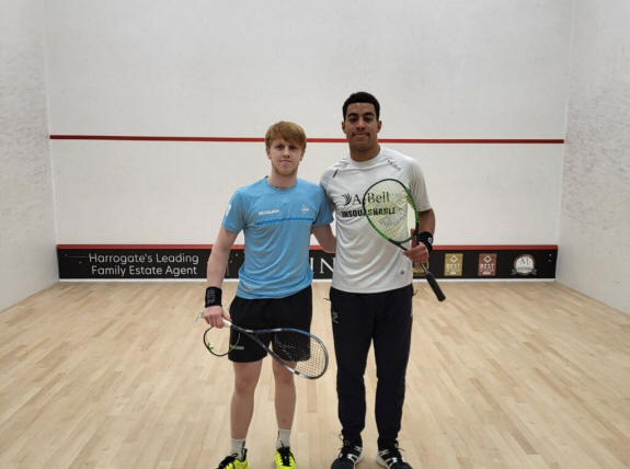 Finnlay Withington and Temwa Chileshe pose for a picture prior to their Harrogate Squash Open semi-final clash