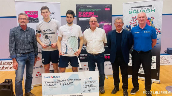Auguste Dussourd (centre left) at the prizegiving ceremony for the Open Lagord Tennis Squash
