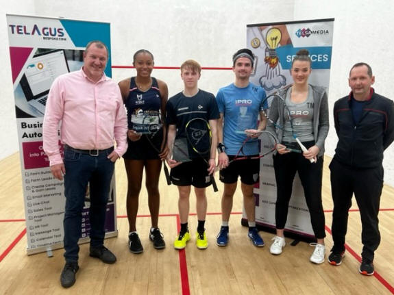 Finnlay WIthington (centre left) and Torrie Malik (second right) at the prizegiving for the Telsa Media David Lloyd Purley Open