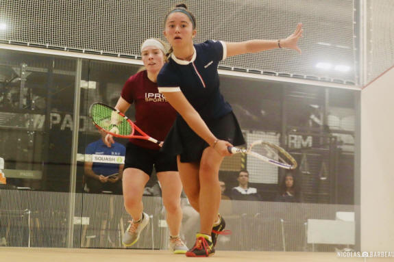 Kara Lincou (fore) in action against Katriona Allen on the opening day in Angers