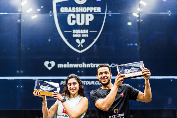 Mostafa Asal and Nour El Sherbini with the Grasshopper Cup trophies