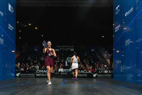 Amanda Sobhy celebrates her 2021 Oracle NetSuite Open win