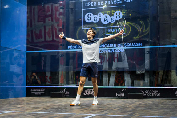 Auguste Dussourd celebrates his win over George Parker in the quarters of the Open de France de Squash