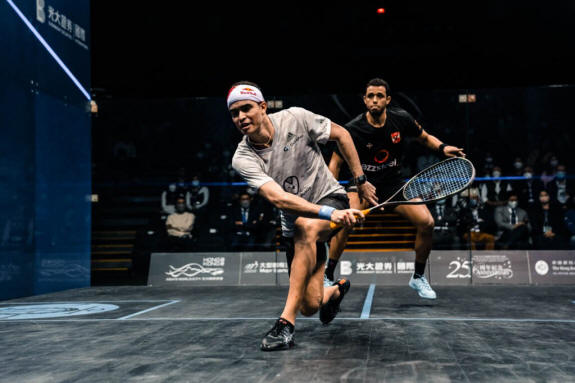 Diego Elias and Mostafa Asal on court during the final of the Everbright Securities International Hong Kong Squash Open