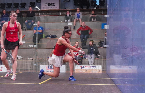 Malak Khafagy plays a backhand shot during her Odense Open quarter final with Torrie Malik