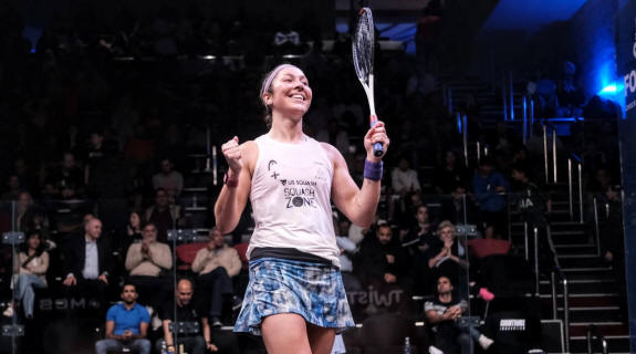 Amanda Sobhy celebrates her win over Nour El Sherbini in the Black Ball Open quarters