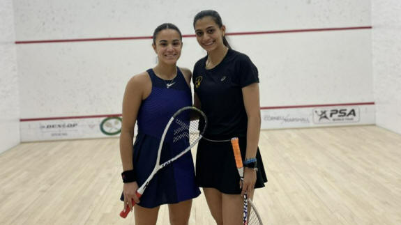 Nardine Garas (right) and Salma Eltayeb (left) prior to their first round match at the Carol Weymuller Open