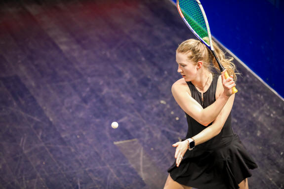 Danielle Letourneau serves during the Squash On Fire Open in Washington, D.C.