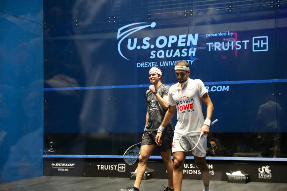 Diego Elias celebrates beating Mohamed ElShorbagy at the U.S. Open