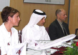Linda Charman, WISPA Chairman; Mr Akbar Al-Baker, CEO Qatar Airways; and Andrew Shelley, WISPA Director